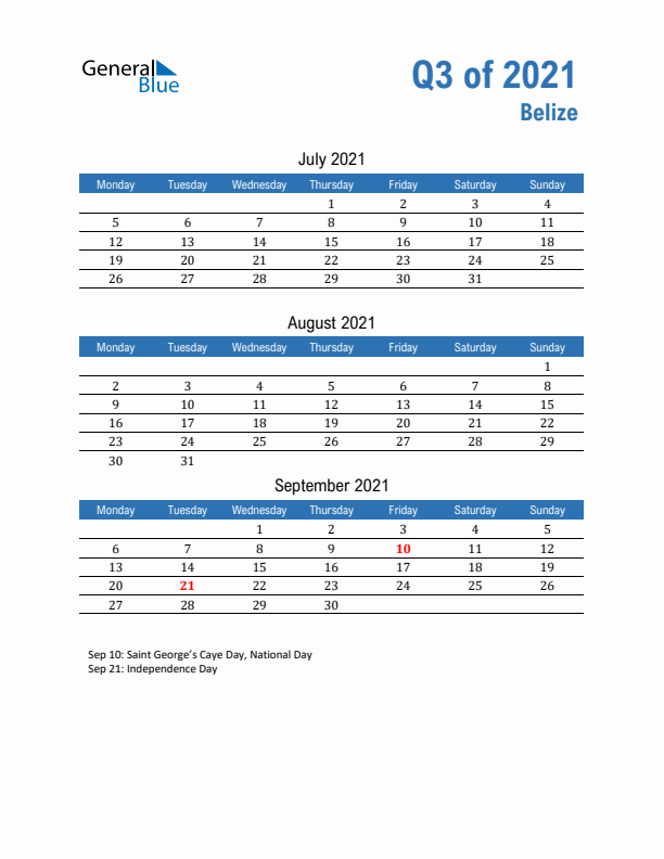 Belize 2021 Quarterly Calendar with Monday Start