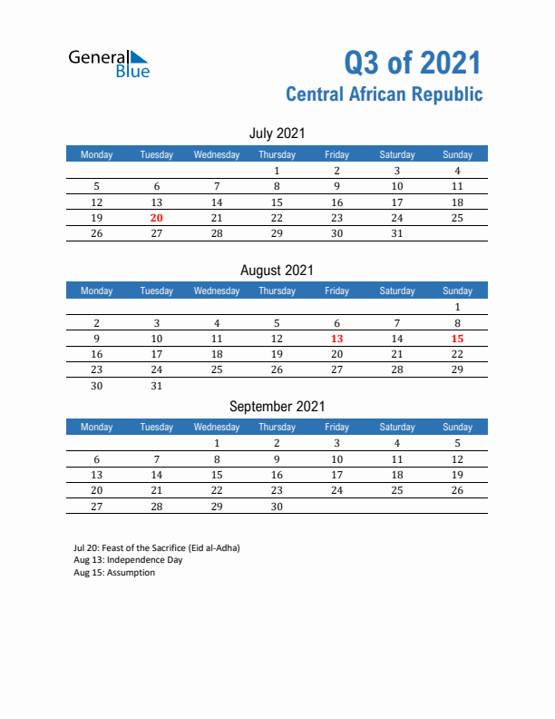 Central African Republic 2021 Quarterly Calendar with Monday Start