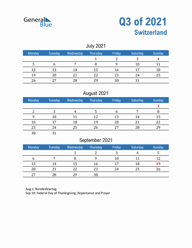 Switzerland 2021 Quarterly Calendar with Monday Start