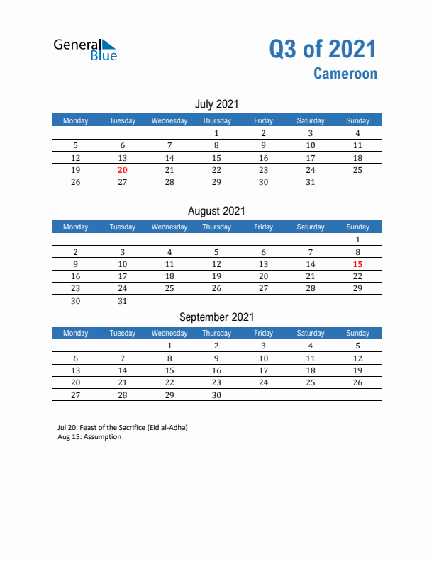 Cameroon 2021 Quarterly Calendar with Monday Start
