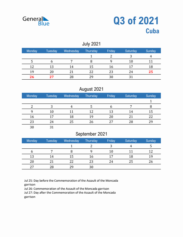 Cuba 2021 Quarterly Calendar with Monday Start