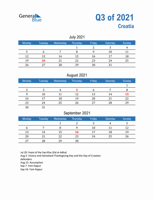 Croatia 2021 Quarterly Calendar with Monday Start