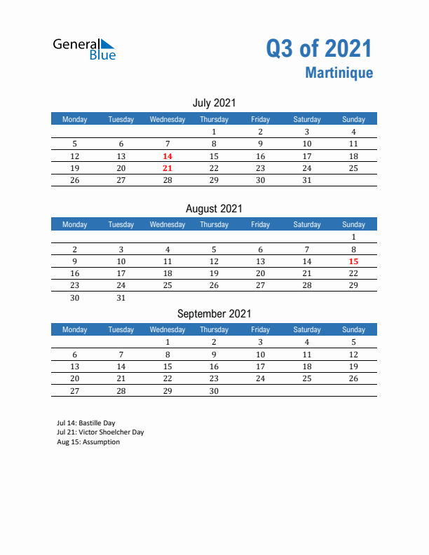 Martinique 2021 Quarterly Calendar with Monday Start