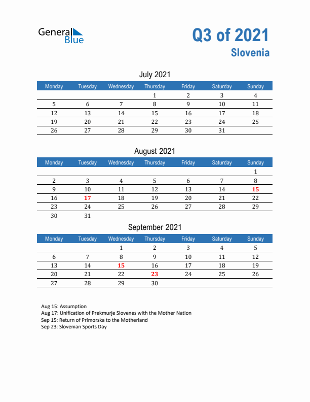 Slovenia 2021 Quarterly Calendar with Monday Start