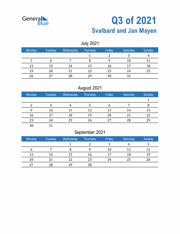 Svalbard and Jan Mayen 2021 Quarterly Calendar with Monday Start