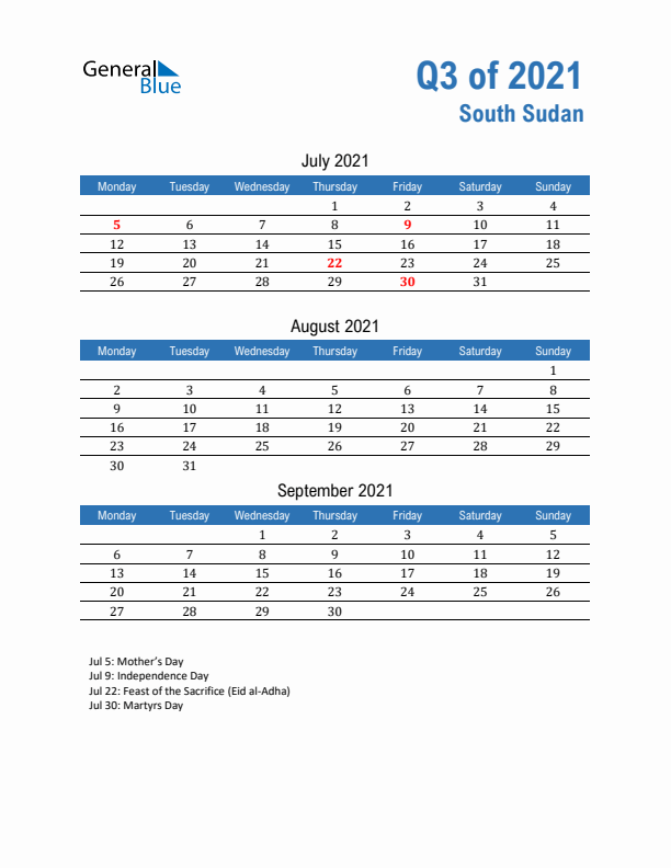 South Sudan 2021 Quarterly Calendar with Monday Start