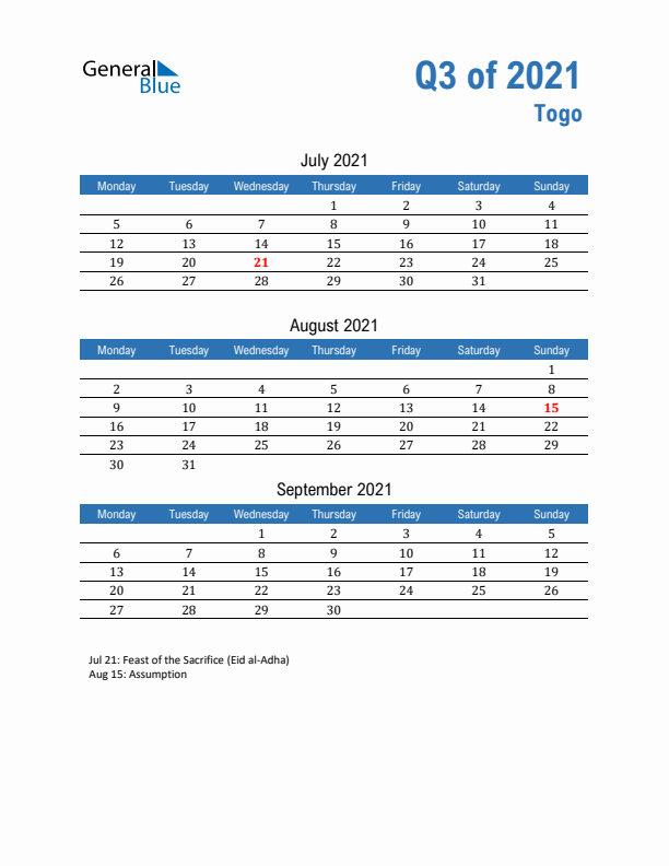 Togo 2021 Quarterly Calendar with Monday Start