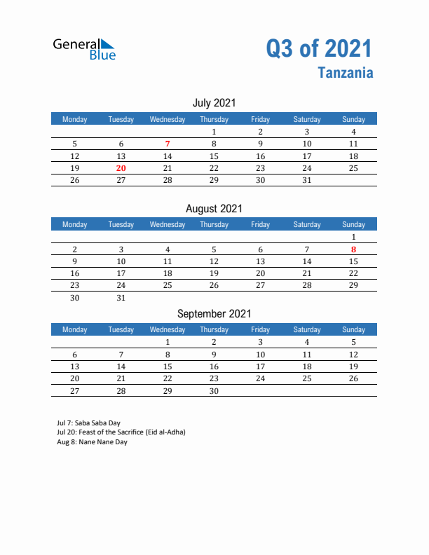 Tanzania 2021 Quarterly Calendar with Monday Start