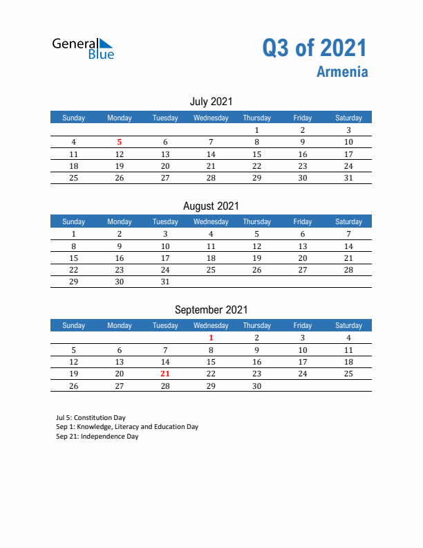 Armenia 2021 Quarterly Calendar with Sunday Start