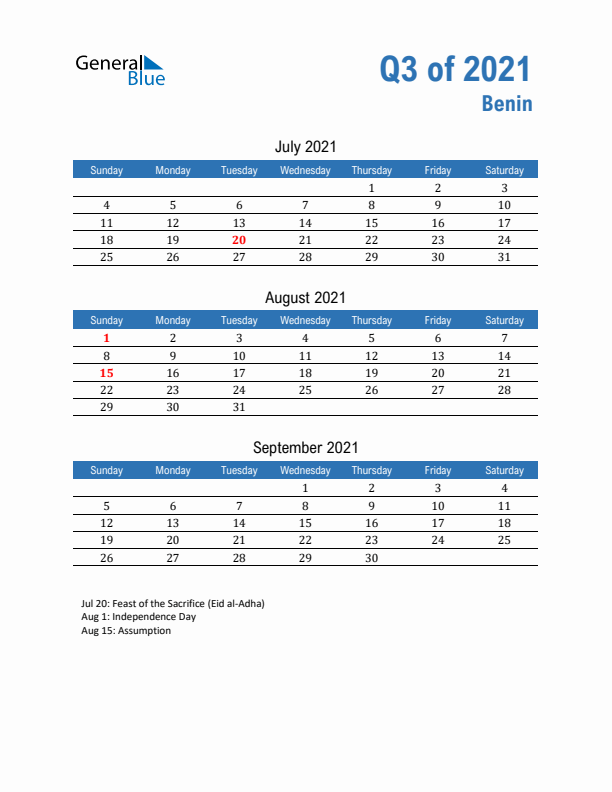 Benin 2021 Quarterly Calendar with Sunday Start