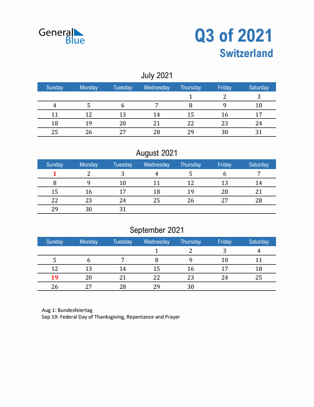 Switzerland 2021 Quarterly Calendar with Sunday Start