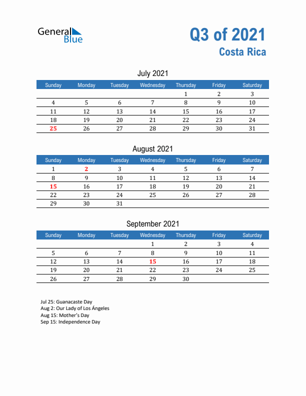 Costa Rica 2021 Quarterly Calendar with Sunday Start