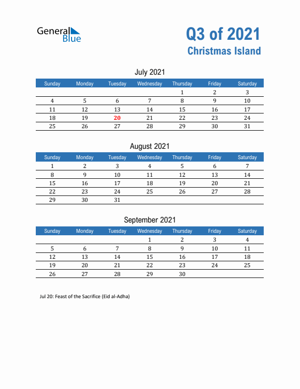 Christmas Island 2021 Quarterly Calendar with Sunday Start