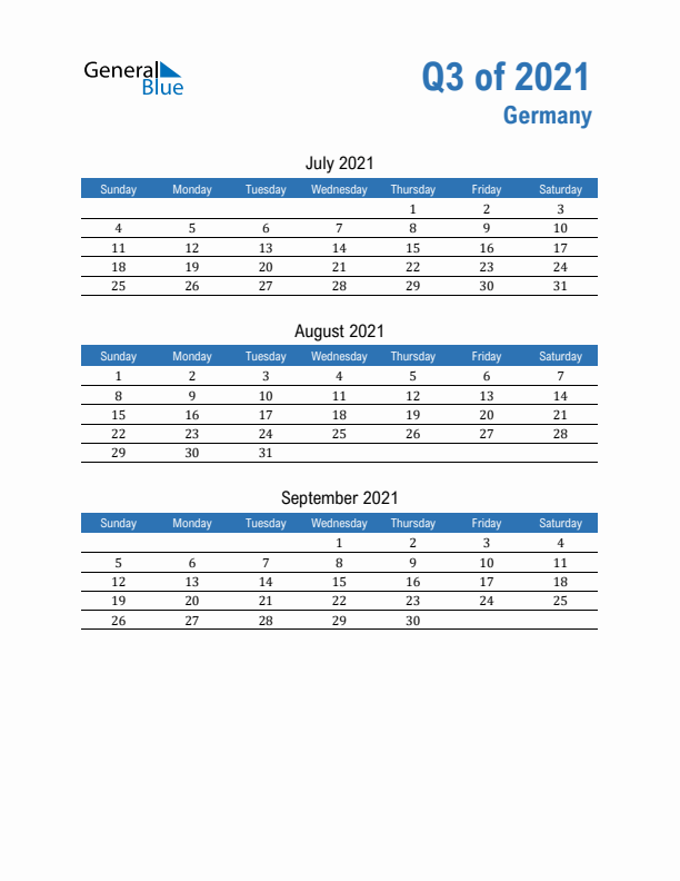 Germany 2021 Quarterly Calendar with Sunday Start