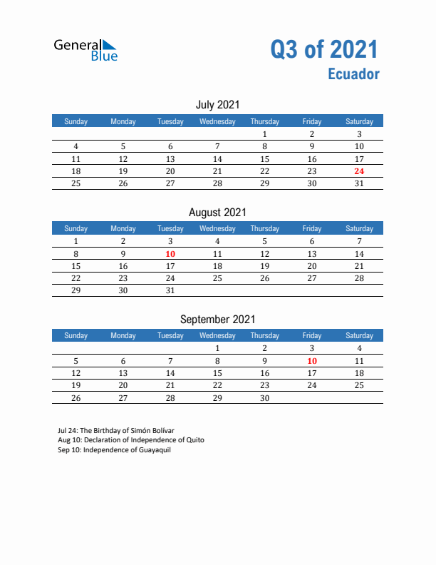 Ecuador 2021 Quarterly Calendar with Sunday Start