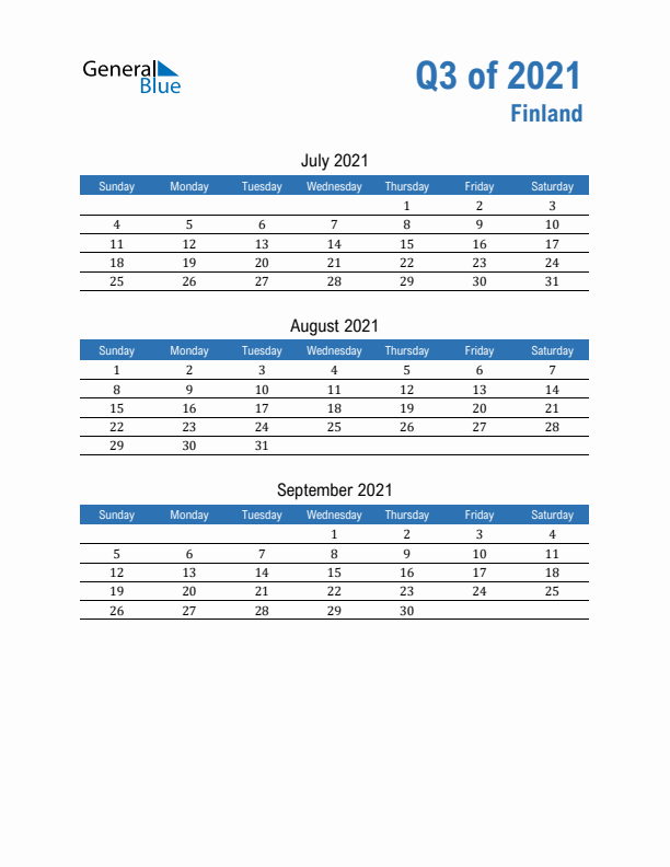 Finland 2021 Quarterly Calendar with Sunday Start