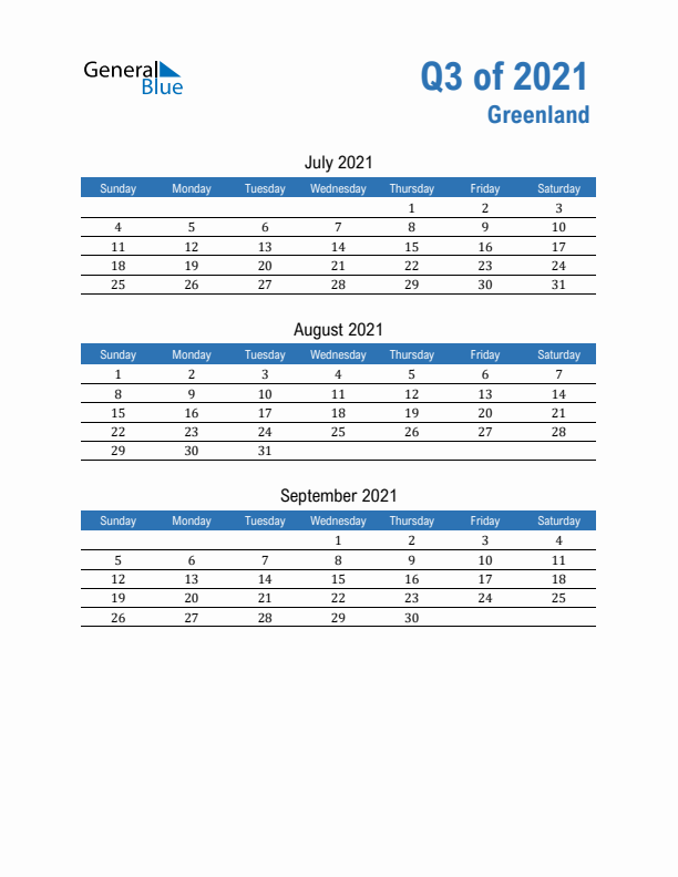 Greenland 2021 Quarterly Calendar with Sunday Start