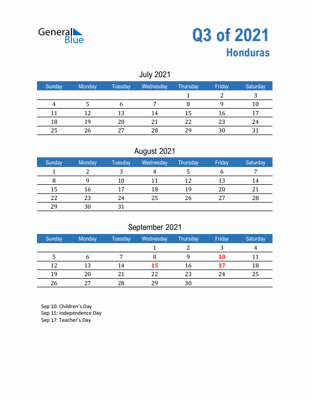 Honduras 2021 Quarterly Calendar with Sunday Start