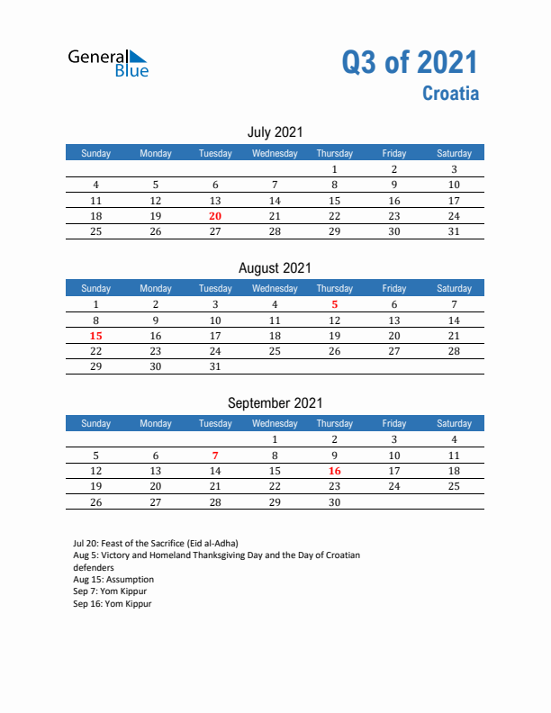Croatia 2021 Quarterly Calendar with Sunday Start