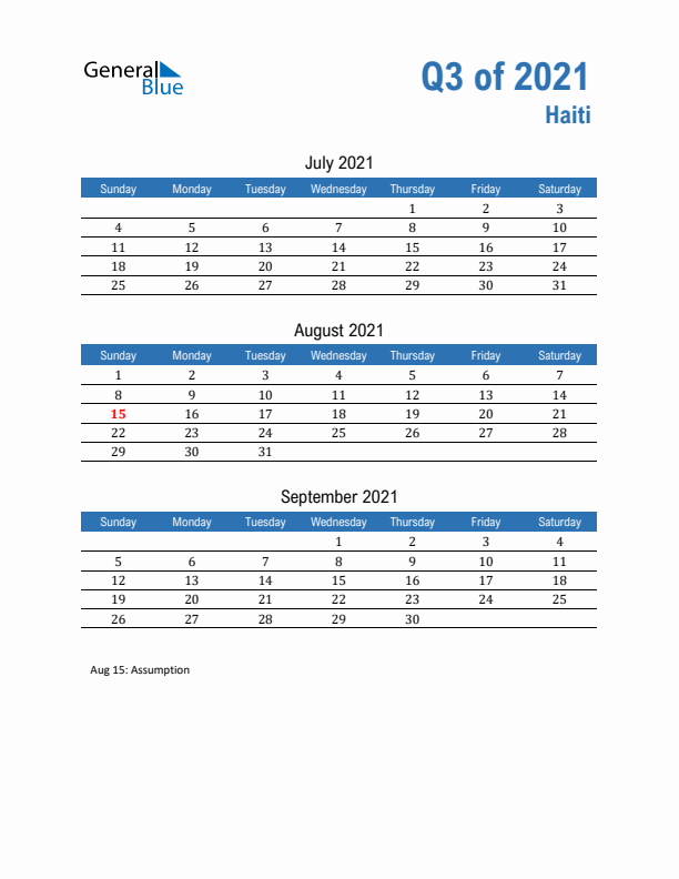 Haiti 2021 Quarterly Calendar with Sunday Start
