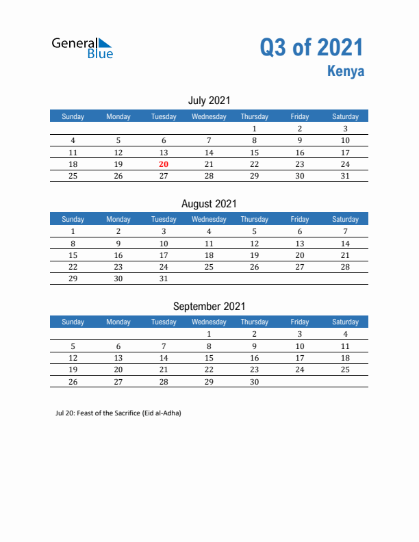 Kenya 2021 Quarterly Calendar with Sunday Start