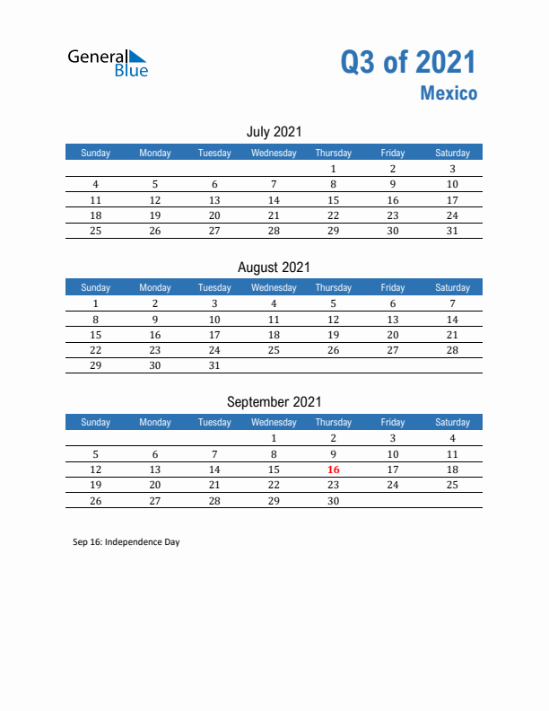 Mexico 2021 Quarterly Calendar with Sunday Start