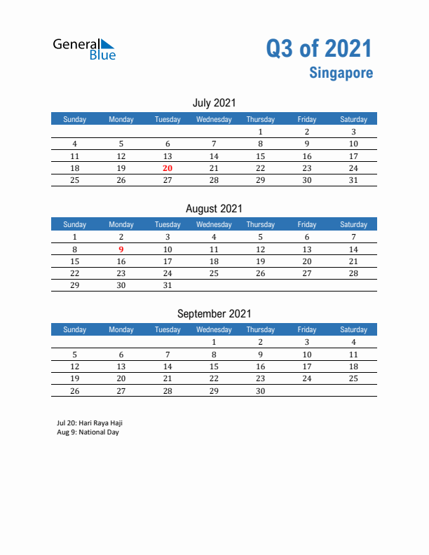 Singapore 2021 Quarterly Calendar with Sunday Start