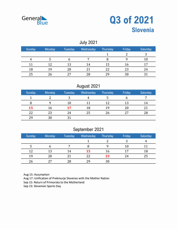Slovenia 2021 Quarterly Calendar with Sunday Start