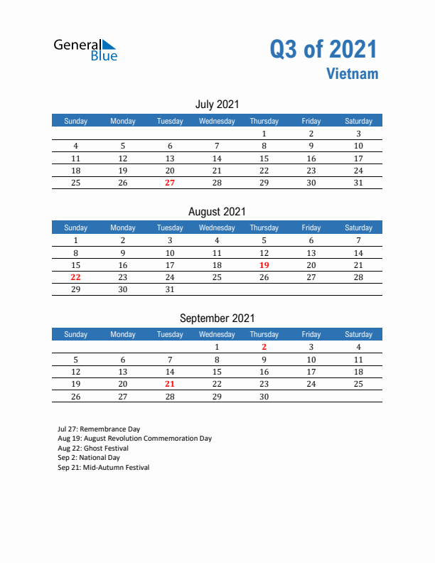 Vietnam 2021 Quarterly Calendar with Sunday Start