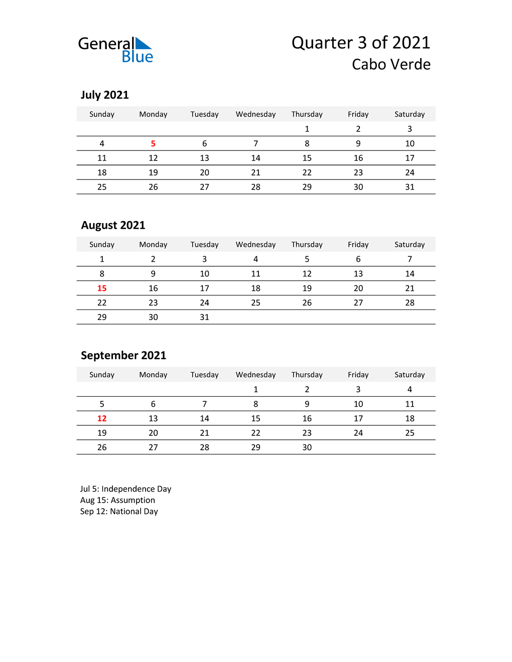  2021 Three-Month Calendar for Cabo Verde