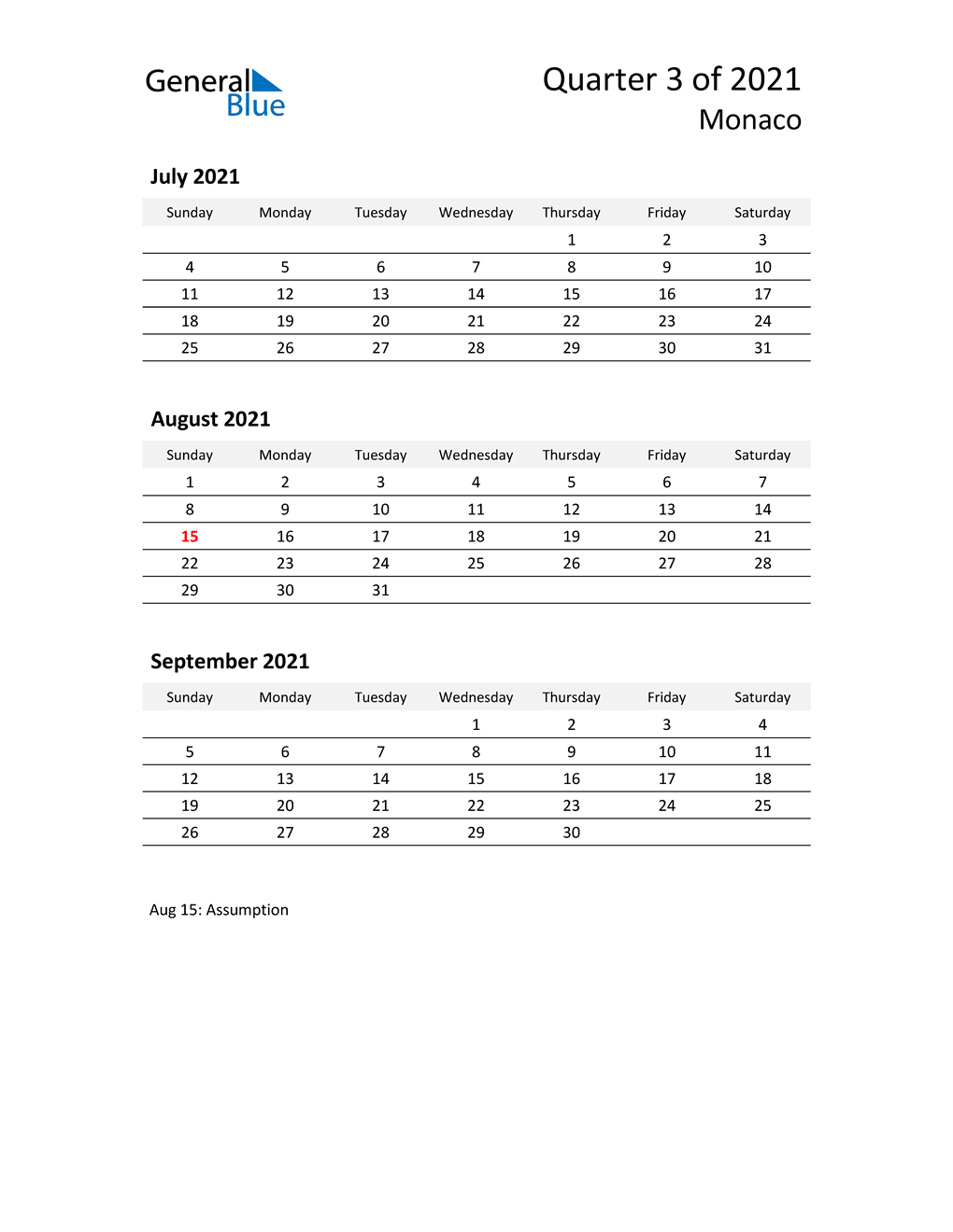  2021 Three-Month Calendar for Monaco