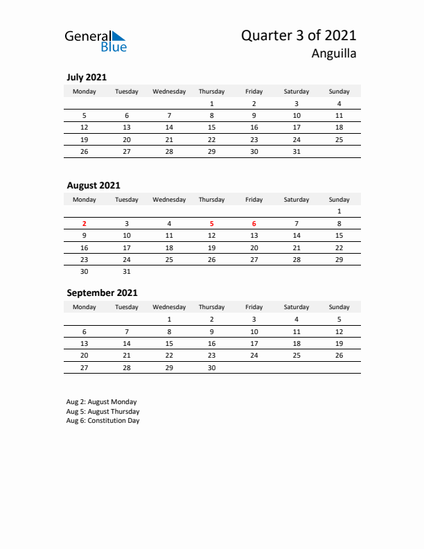 2021 Three-Month Calendar for Anguilla