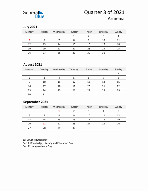 2021 Three-Month Calendar for Armenia