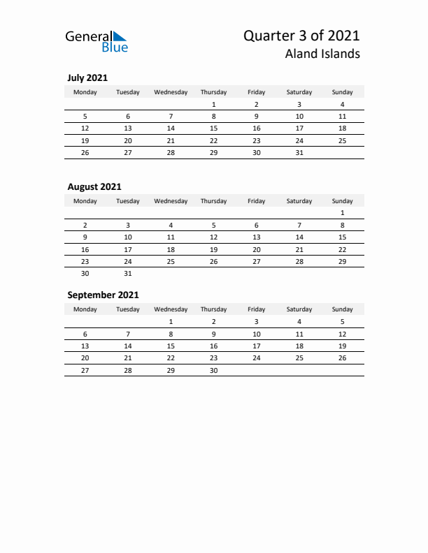 2021 Three-Month Calendar for Aland Islands