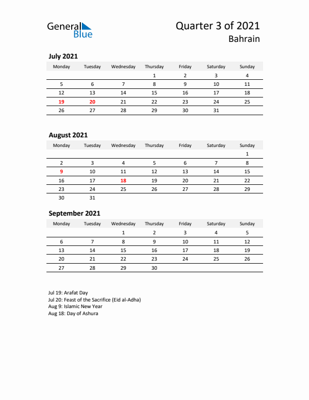 2021 Three-Month Calendar for Bahrain