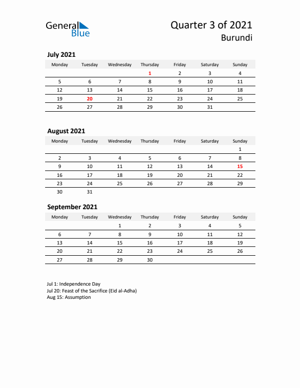 2021 Three-Month Calendar for Burundi