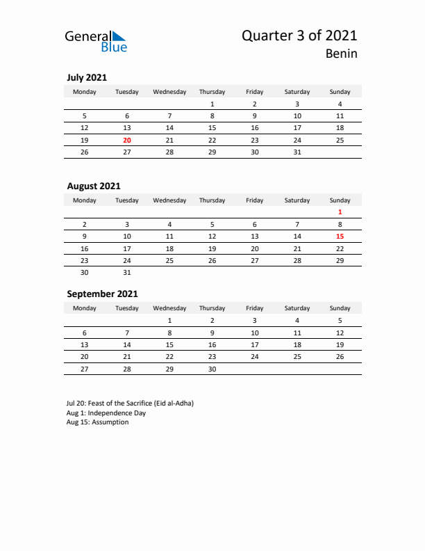 2021 Three-Month Calendar for Benin