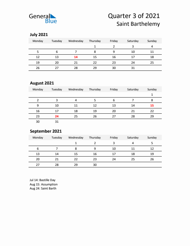 2021 Three-Month Calendar for Saint Barthelemy