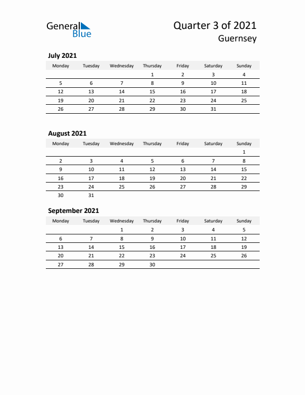 2021 Three-Month Calendar for Guernsey