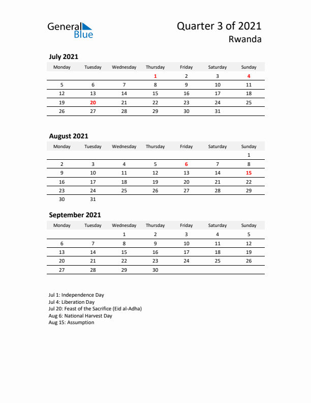 2021 Three-Month Calendar for Rwanda