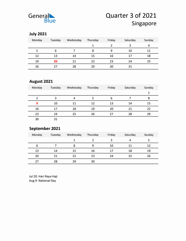 2021 Three-Month Calendar for Singapore