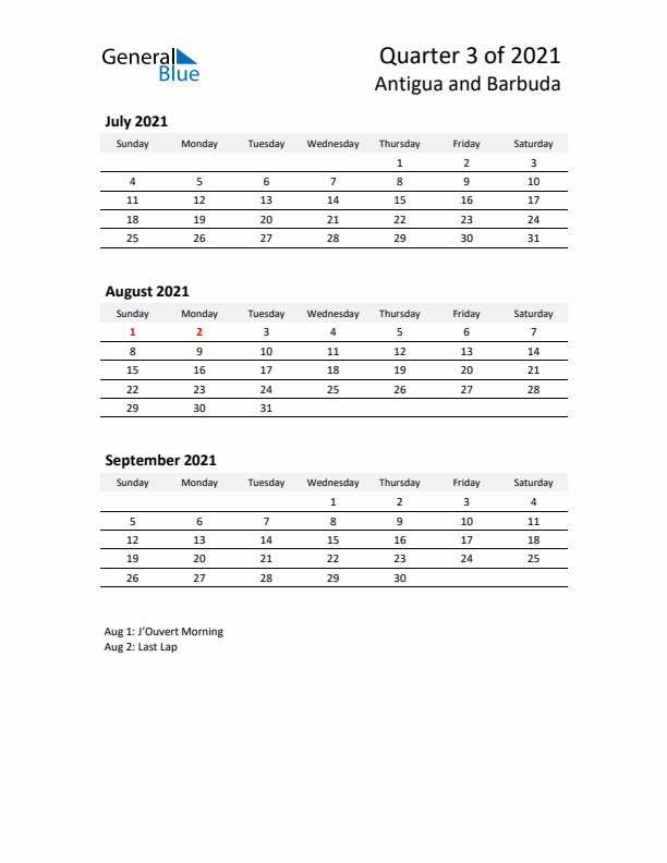 2021 Three-Month Calendar for Antigua and Barbuda