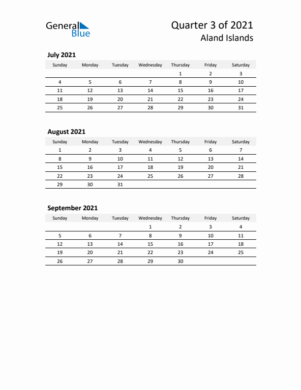 2021 Three-Month Calendar for Aland Islands