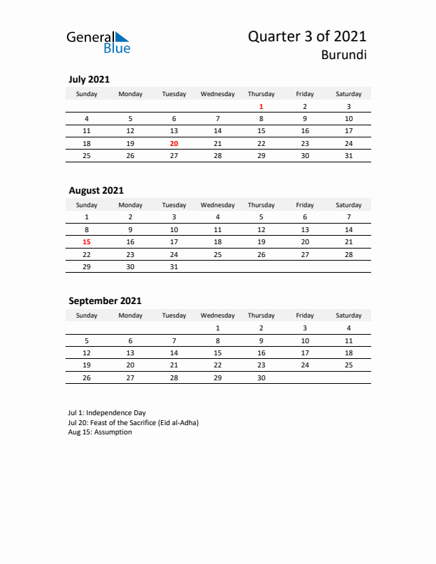 2021 Three-Month Calendar for Burundi