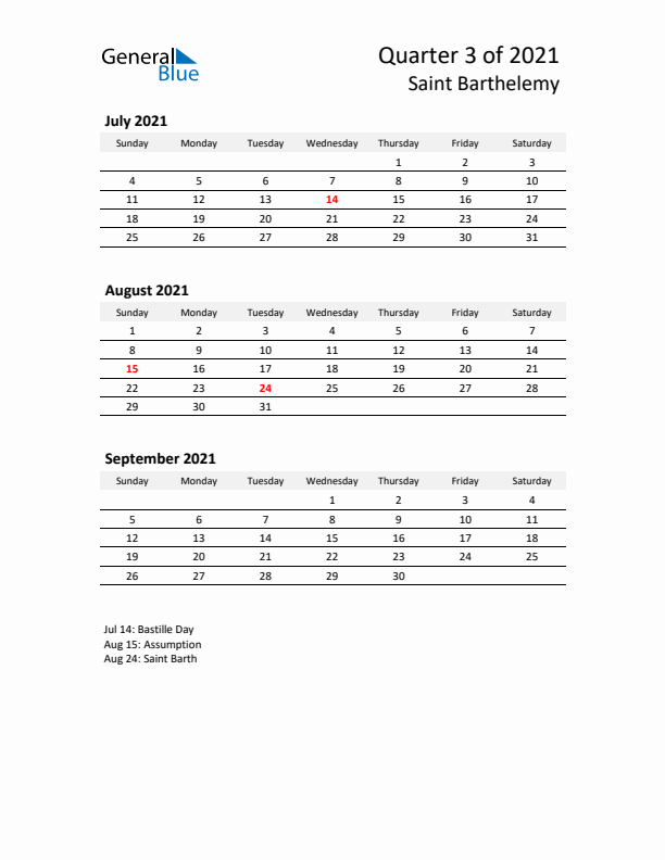 2021 Three-Month Calendar for Saint Barthelemy