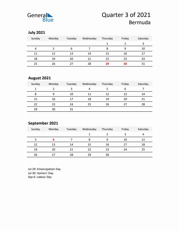 2021 Three-Month Calendar for Bermuda