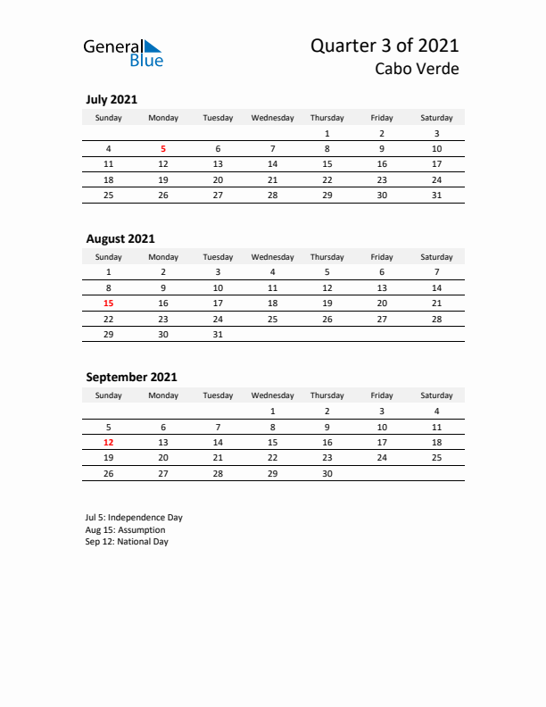 2021 Three-Month Calendar for Cabo Verde