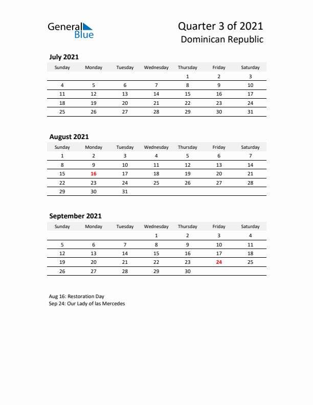 2021 Three-Month Calendar for Dominican Republic