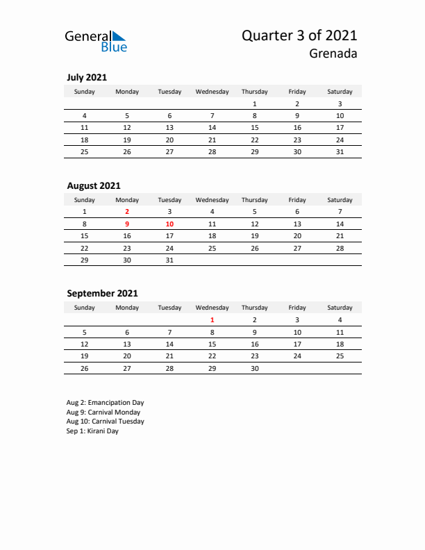 2021 Three-Month Calendar for Grenada