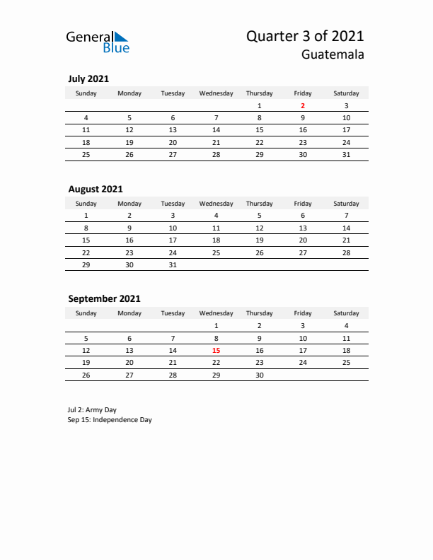 2021 Three-Month Calendar for Guatemala